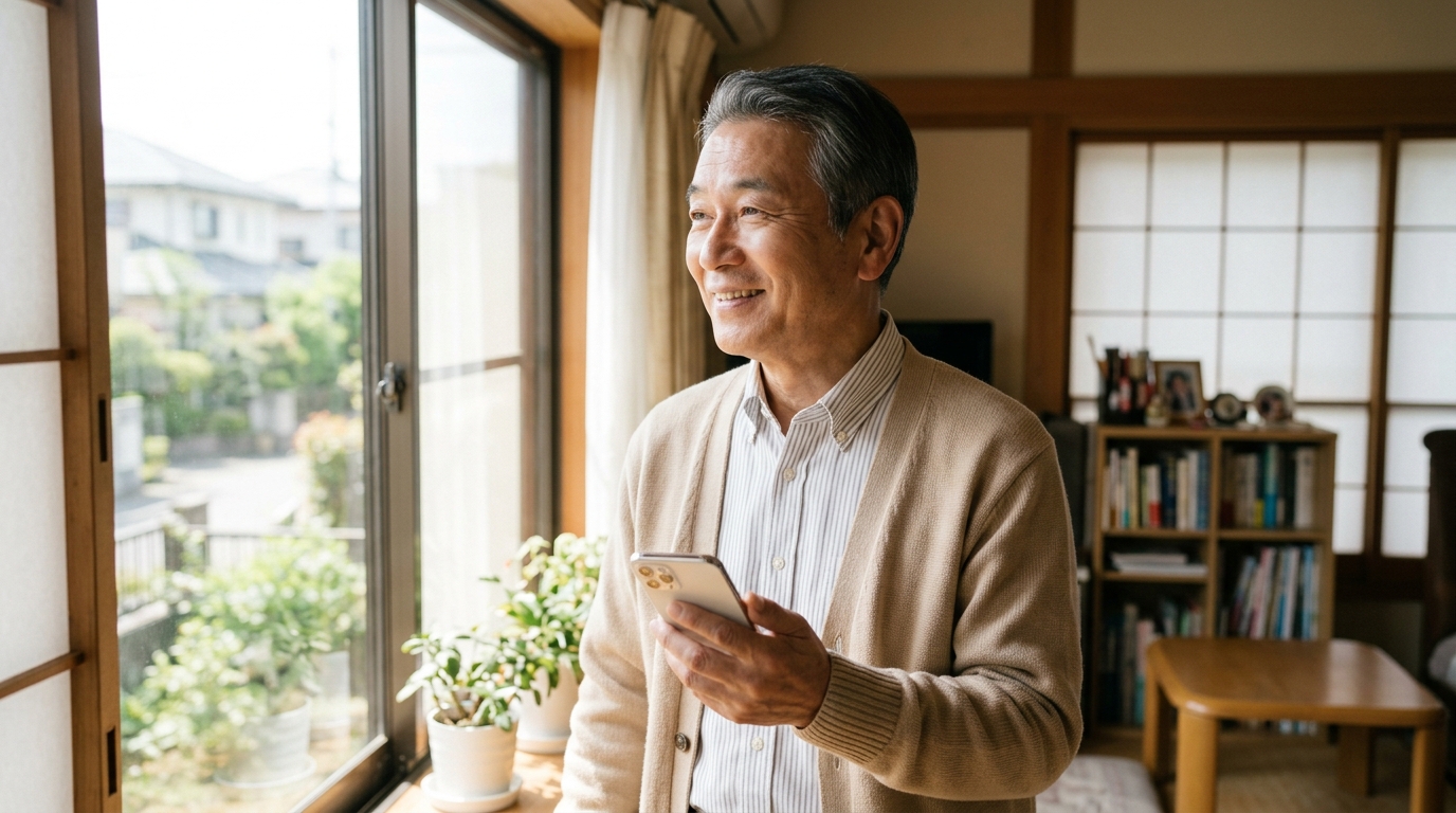 詐欺の不安から解放され安心した笑顔で暮らすシニア男性の様子