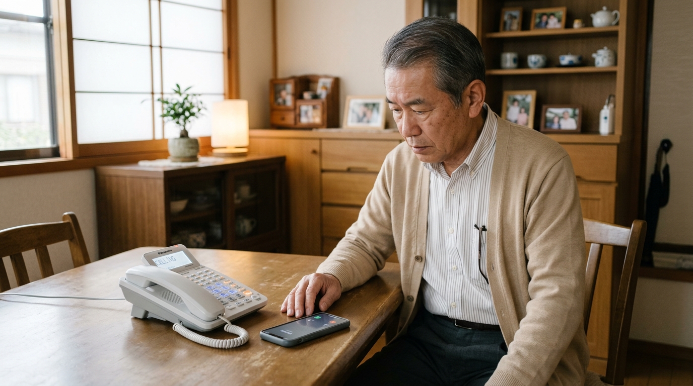 固定電話やスマホの不審な着信に戸惑うシニア男性の様子