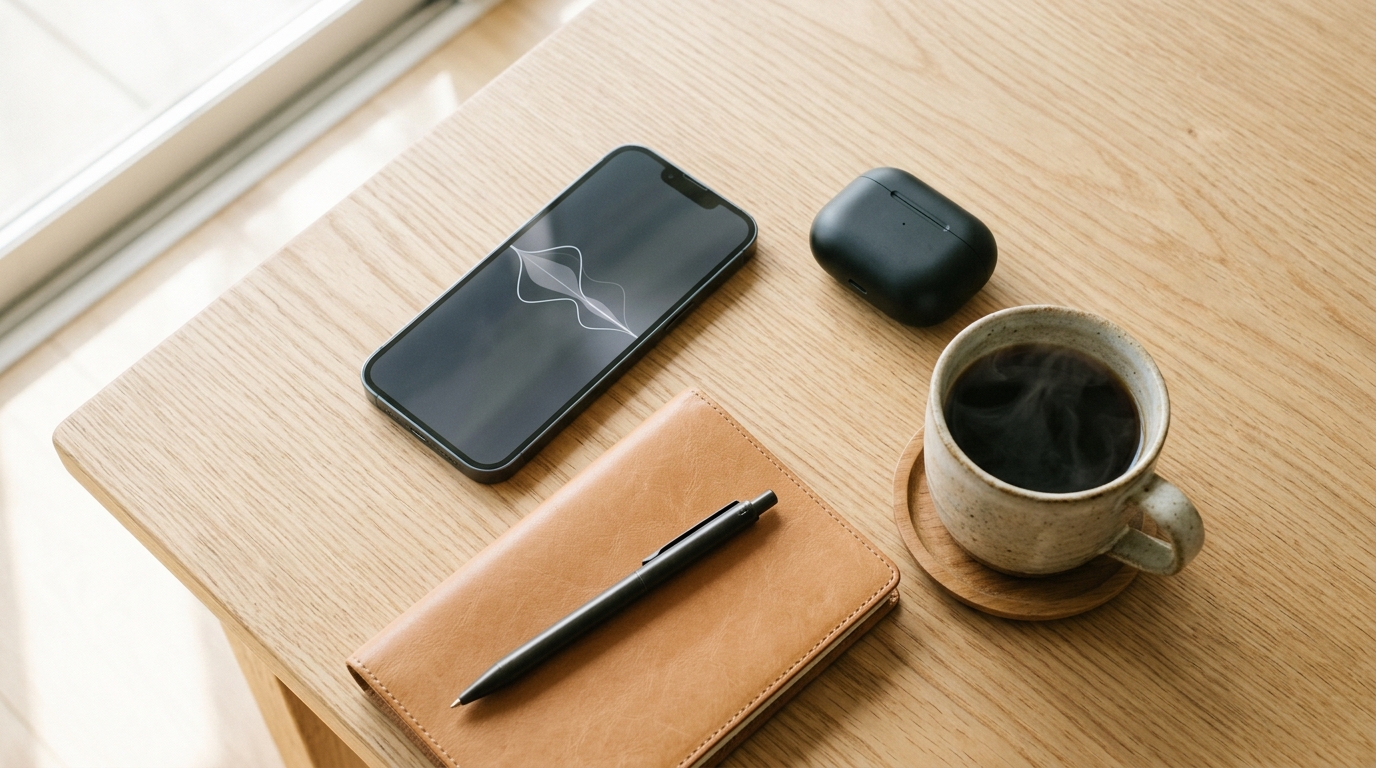 スマートフォンとイヤホンが置かれたデスク