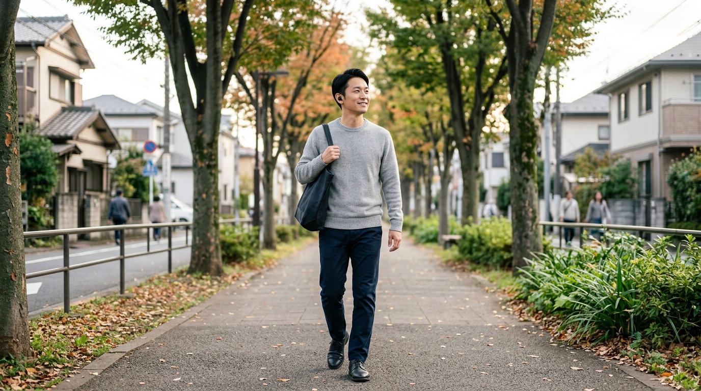 夕方の並木道を散歩しながらイヤホンでオーディオブックを聴く40代男性