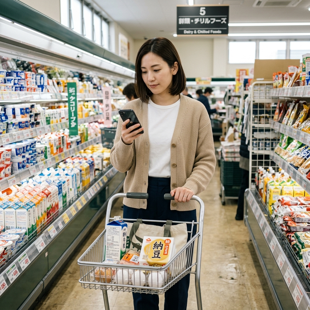 スーパーで買い物をしながらクラシルリワードを使う女性