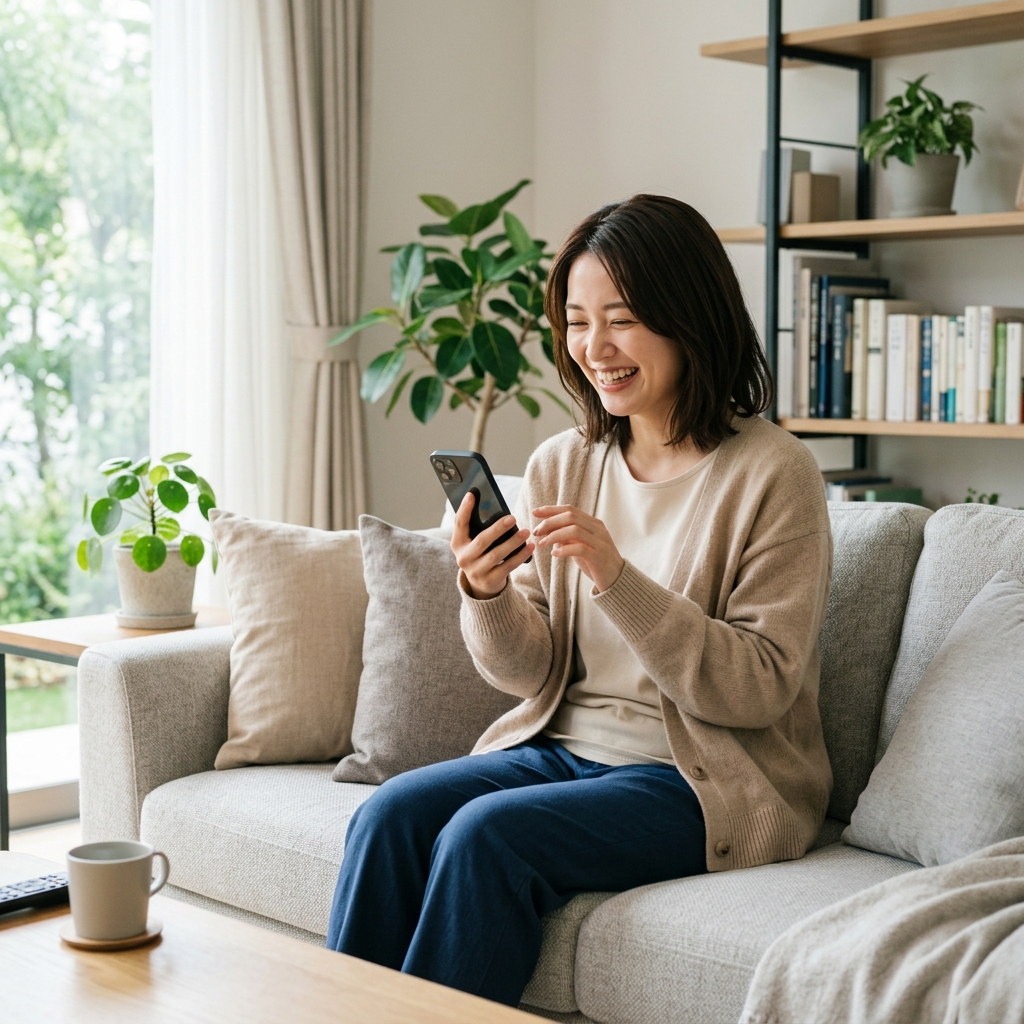 ソファでくつろぎながらTikTok Liteの動画を見て笑う女性