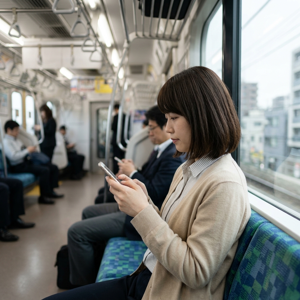 電車で通勤中にトリマを開く女性