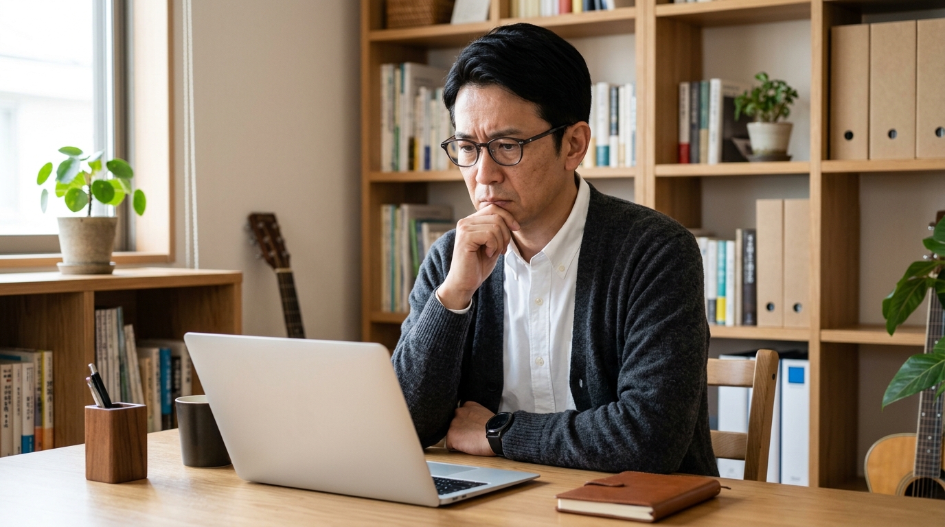 セキュリティ事故のニュースを見て不安そうな表情を浮かべる50代男性