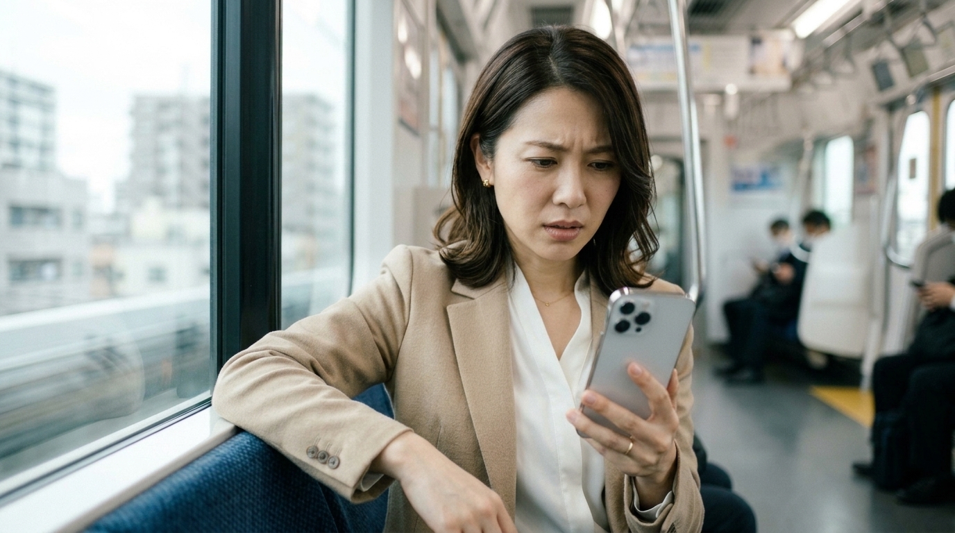 通勤電車内でスマホのパズルゲーム中に全画面広告に邪魔されて眉をひそめる日本人会社員