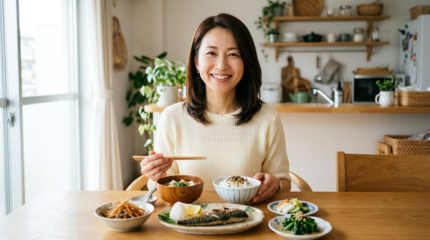 彩り豊かな夕食が並ぶ食卓で笑顔でゆとりを持って過ごす40代日本人女性
