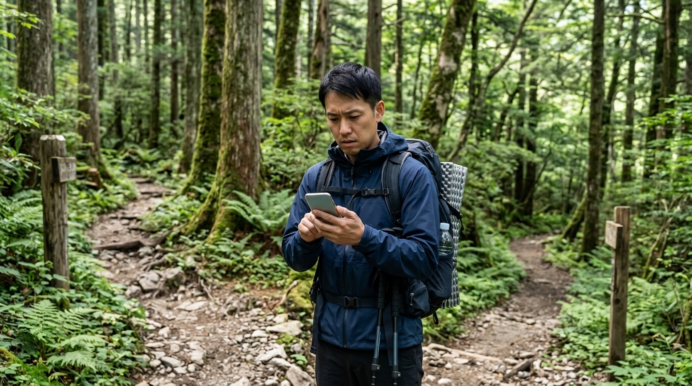 深い山道の分岐で電波圏外に困惑する登山者