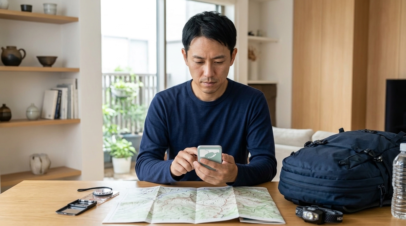 自宅で事前にオフライン地図をダウンロード・設定する様子
