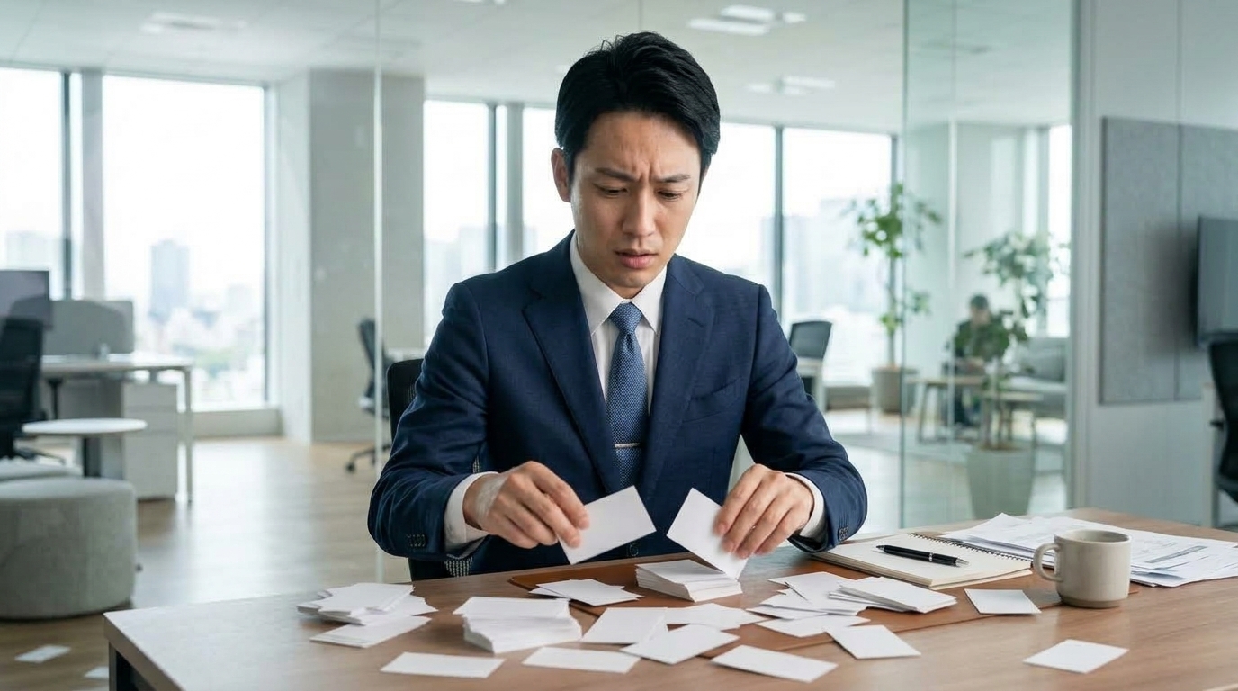 山積みの名刺を前に探すのに困り果てる営業マン