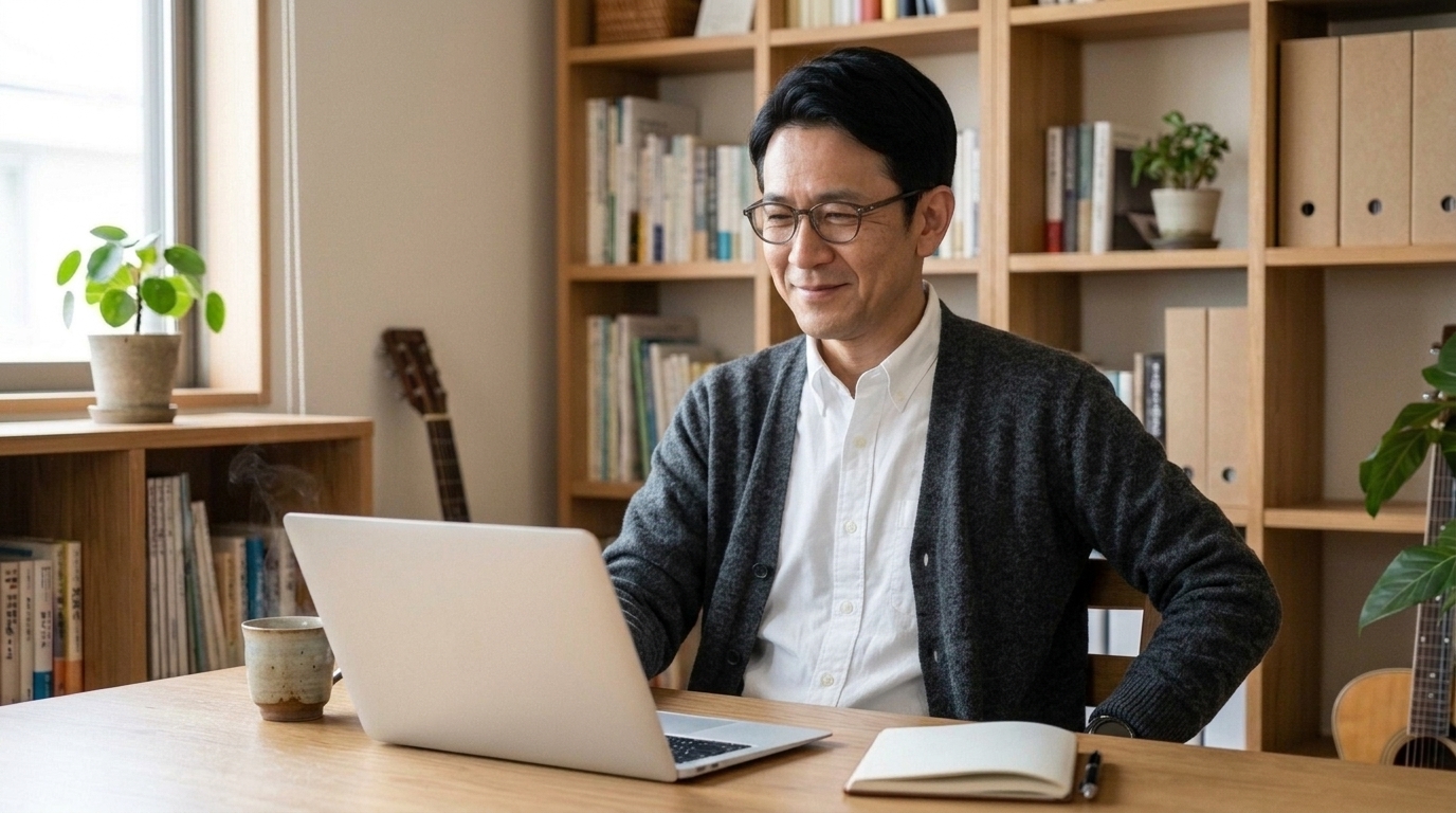 新しいセキュリティソフトを導入し安心した笑顔でPC作業を行う様子