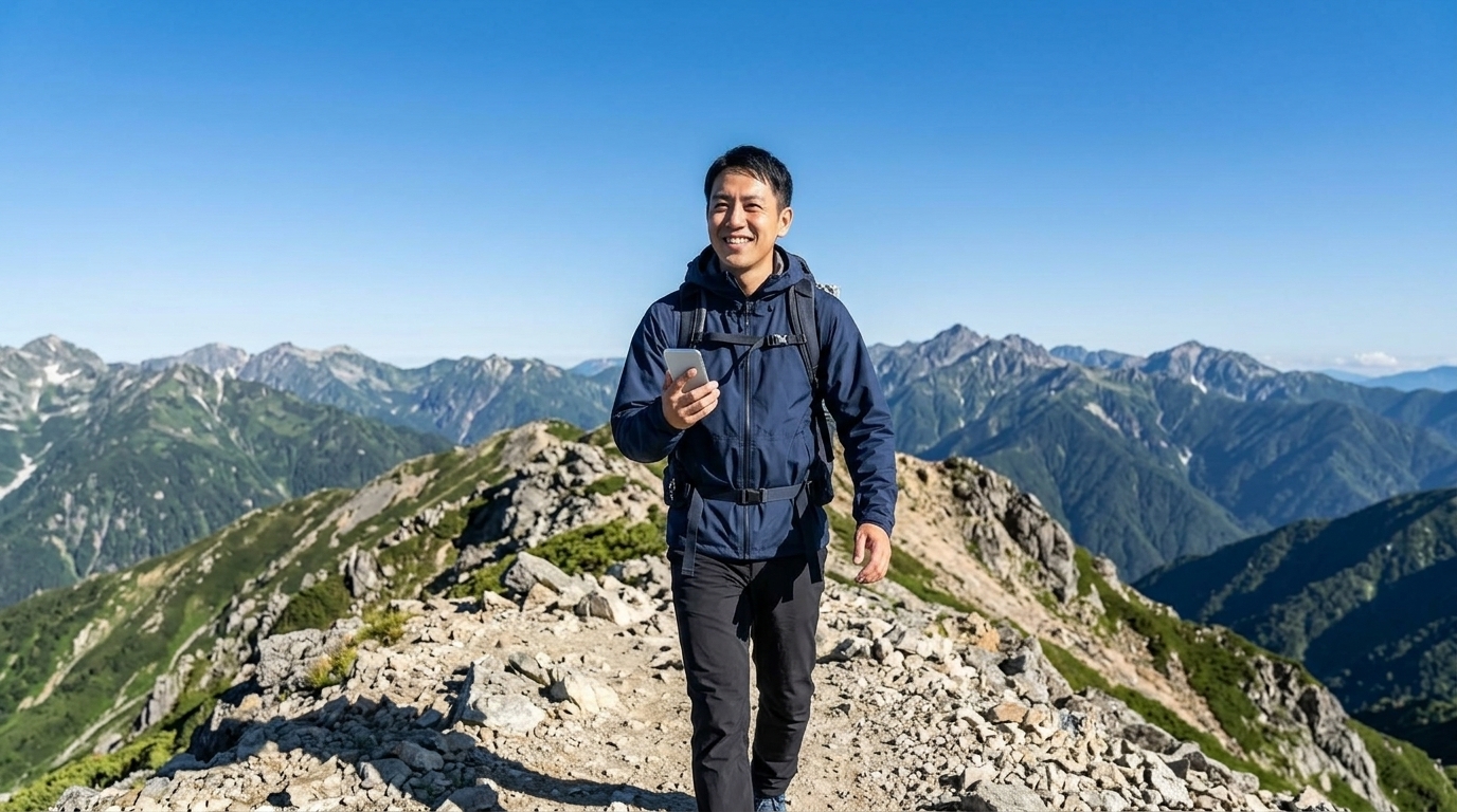 山頂で安全にルートを確認し笑顔で歩き出す登山者