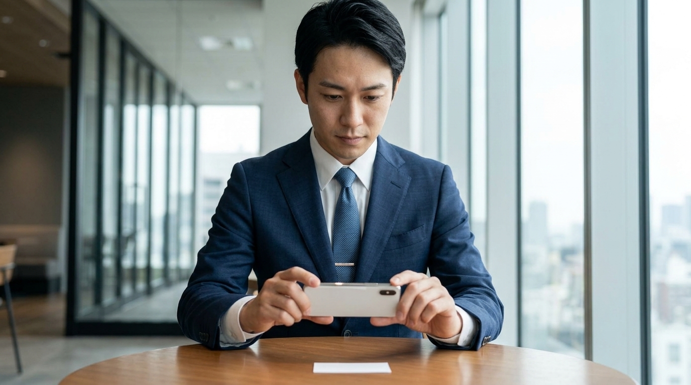 カフェでスマホカメラをかざして名刺をスキャンする様子