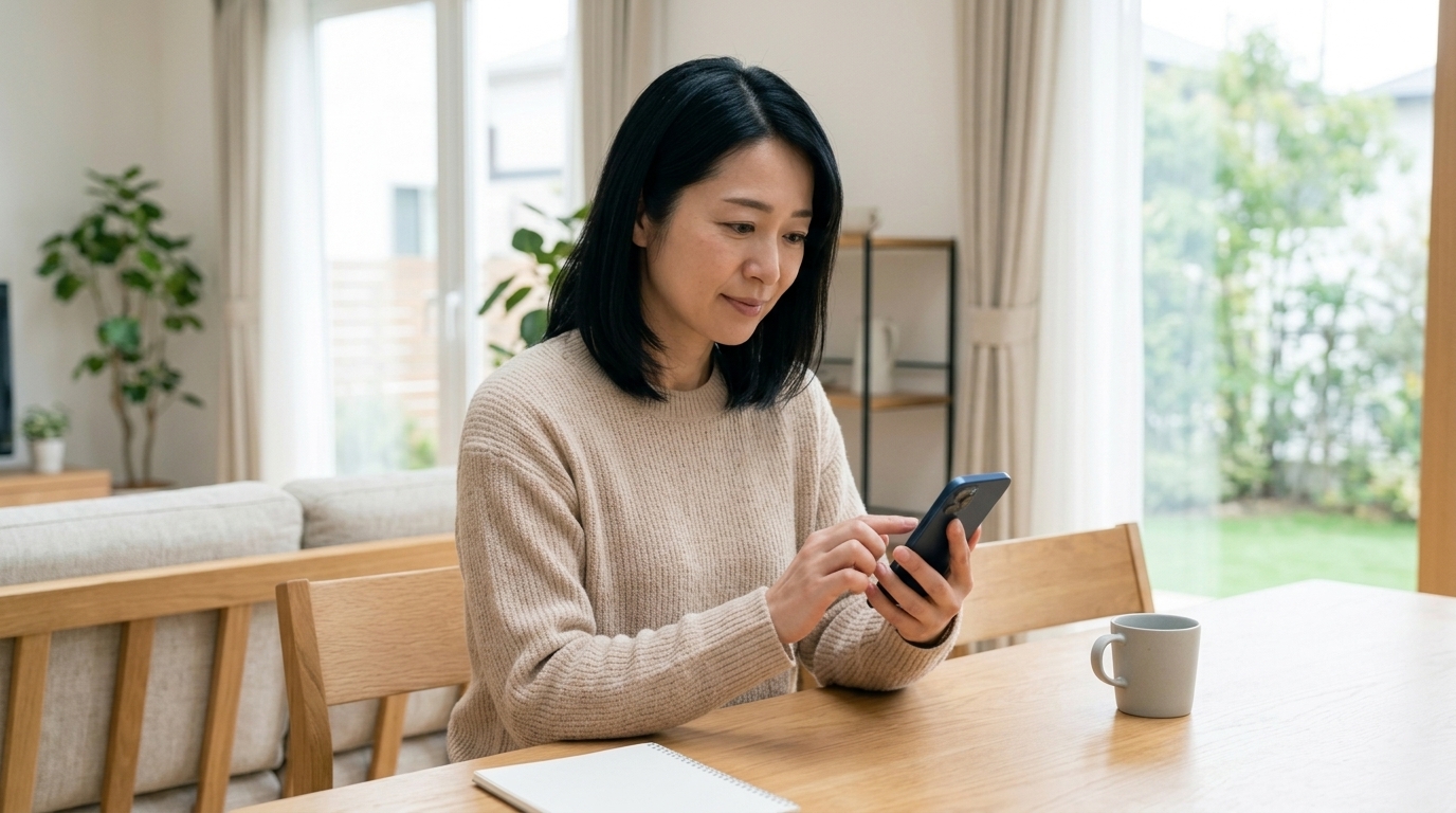 自分のスマホで子どもの見守りルールを設定する母親