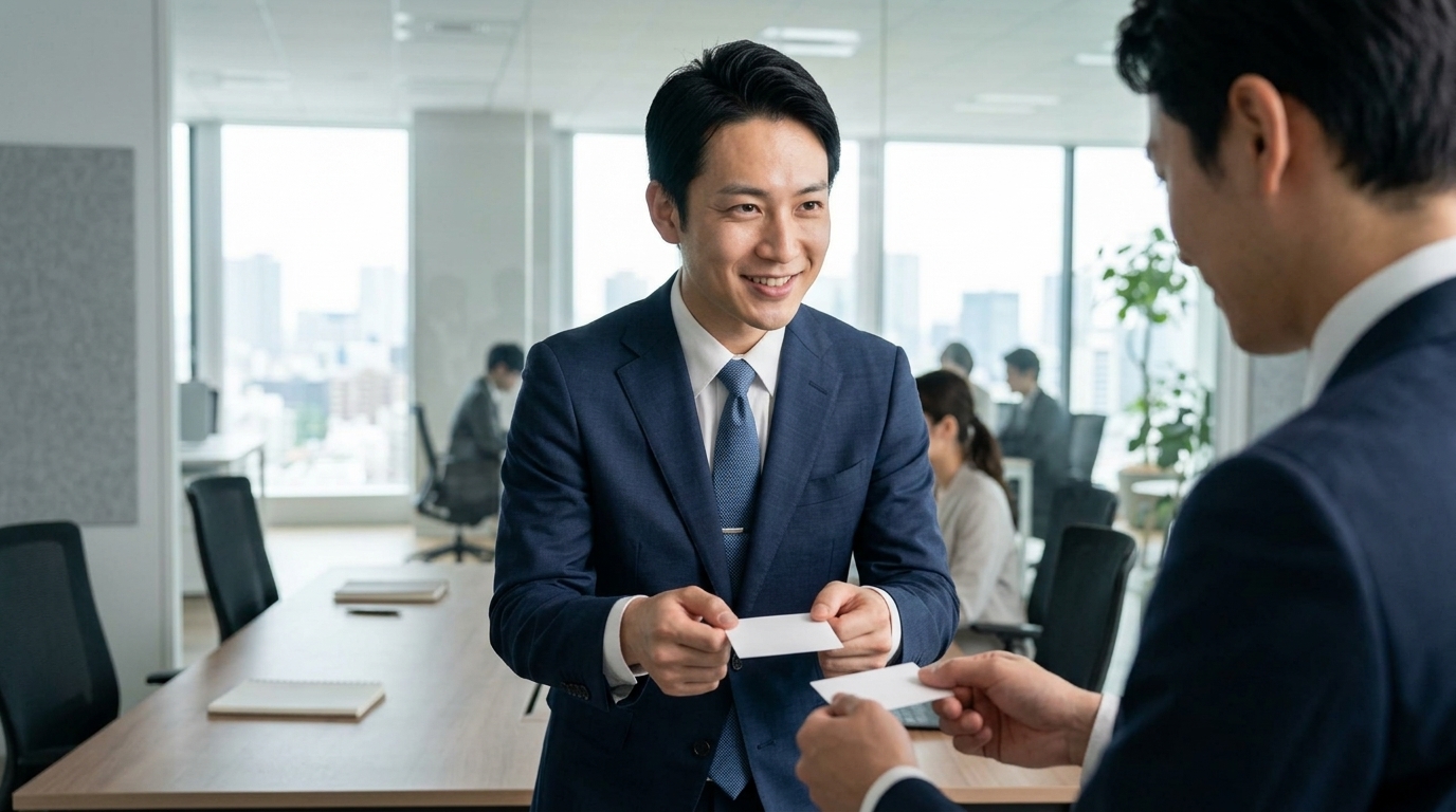 商談直前に相手情報を確認し自信を持って挨拶する営業マン