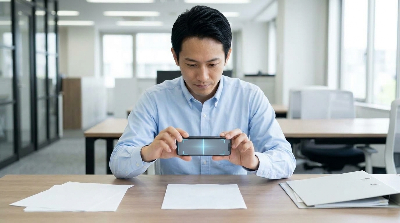 スマホを書類にかざしてスマートに1秒スキャンする様子