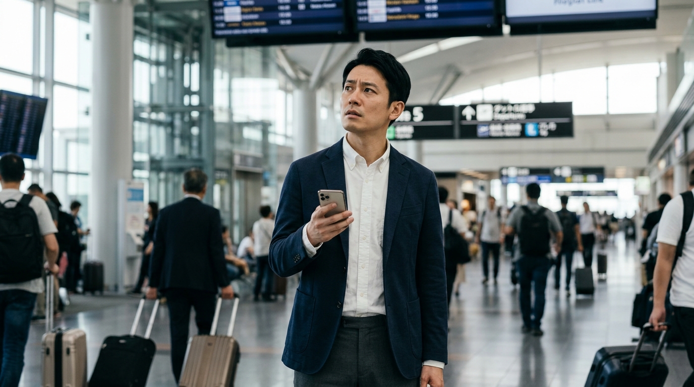 海外旅行で言葉が通じず困惑する男性