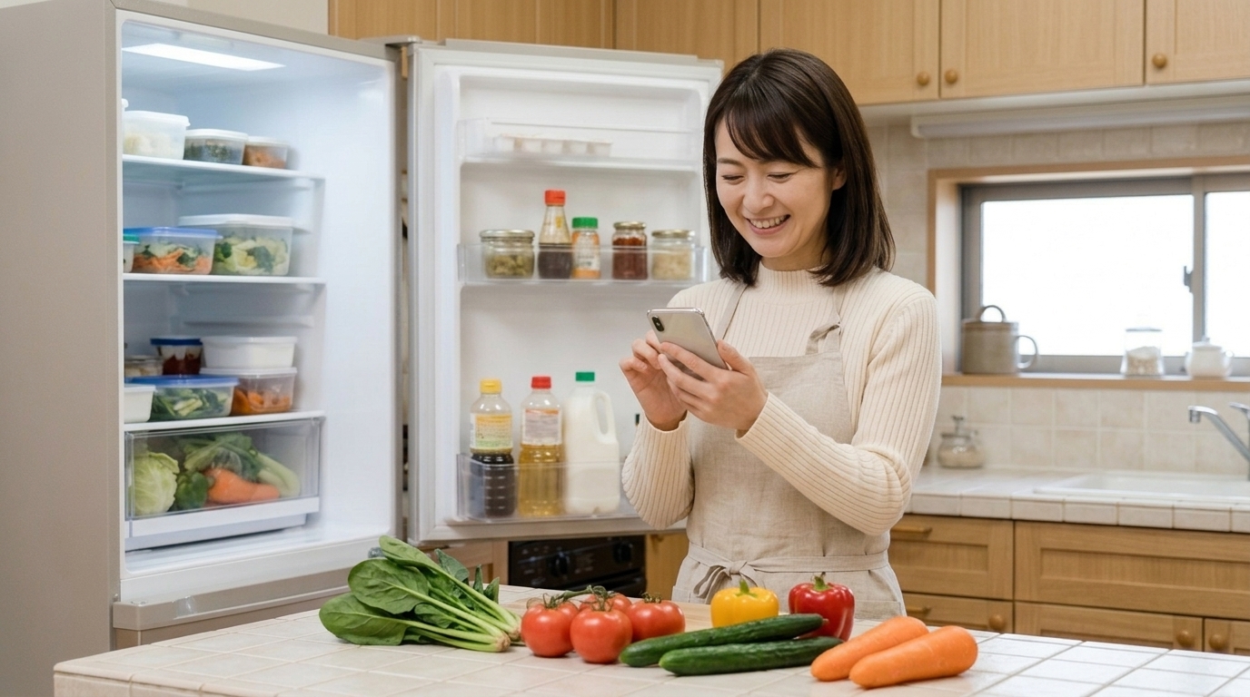 明るいキッチンでスマホのAI献立アプリを使い1週間分の献立と買い物リストを作成する40代日本人女性
