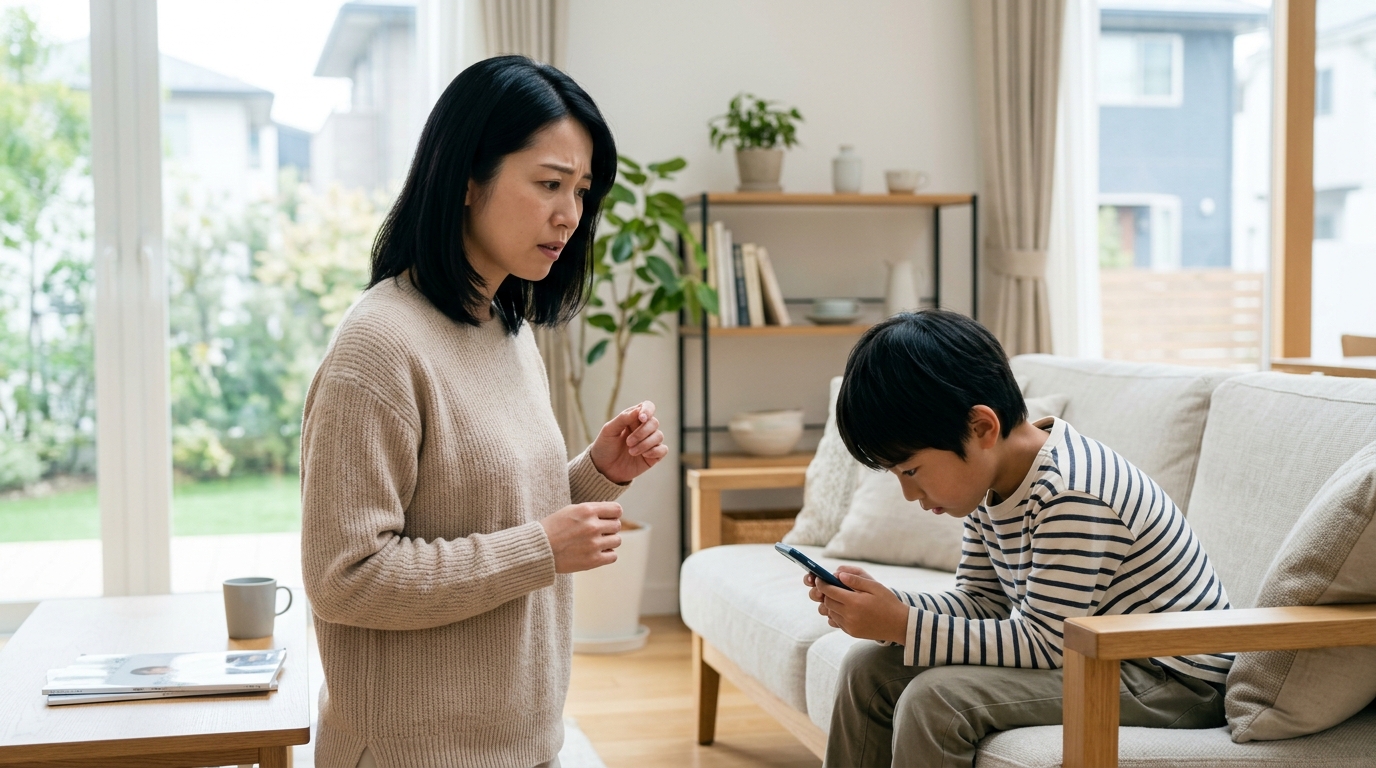 スマホに夢中な子どもを心配そうに見守る母親